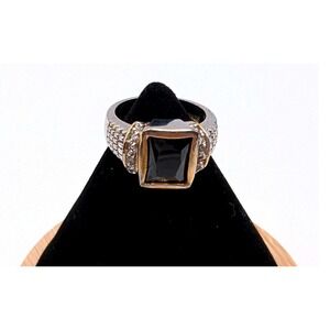 18KGE Two Tone Black Onyx Emerald Cut Ring Size 7.5 Crystal Accents